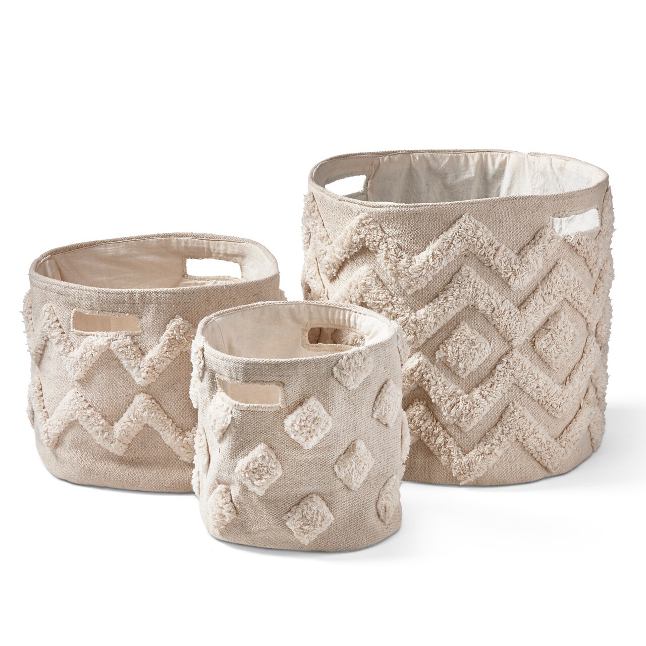 Set of 3 Tufted Canvas Bins - Decorative Cotton Baskets for Everyday Use, Machine Washable, 9 in H x 10 in Dia